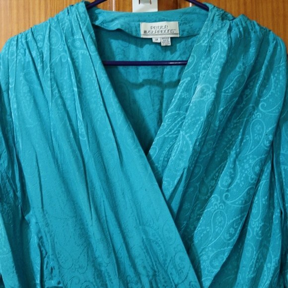 Vintage Silk Jumpsuit 80s Petite Illustrations size 10 Aqua Blue Paisley - Picture 5 of 16